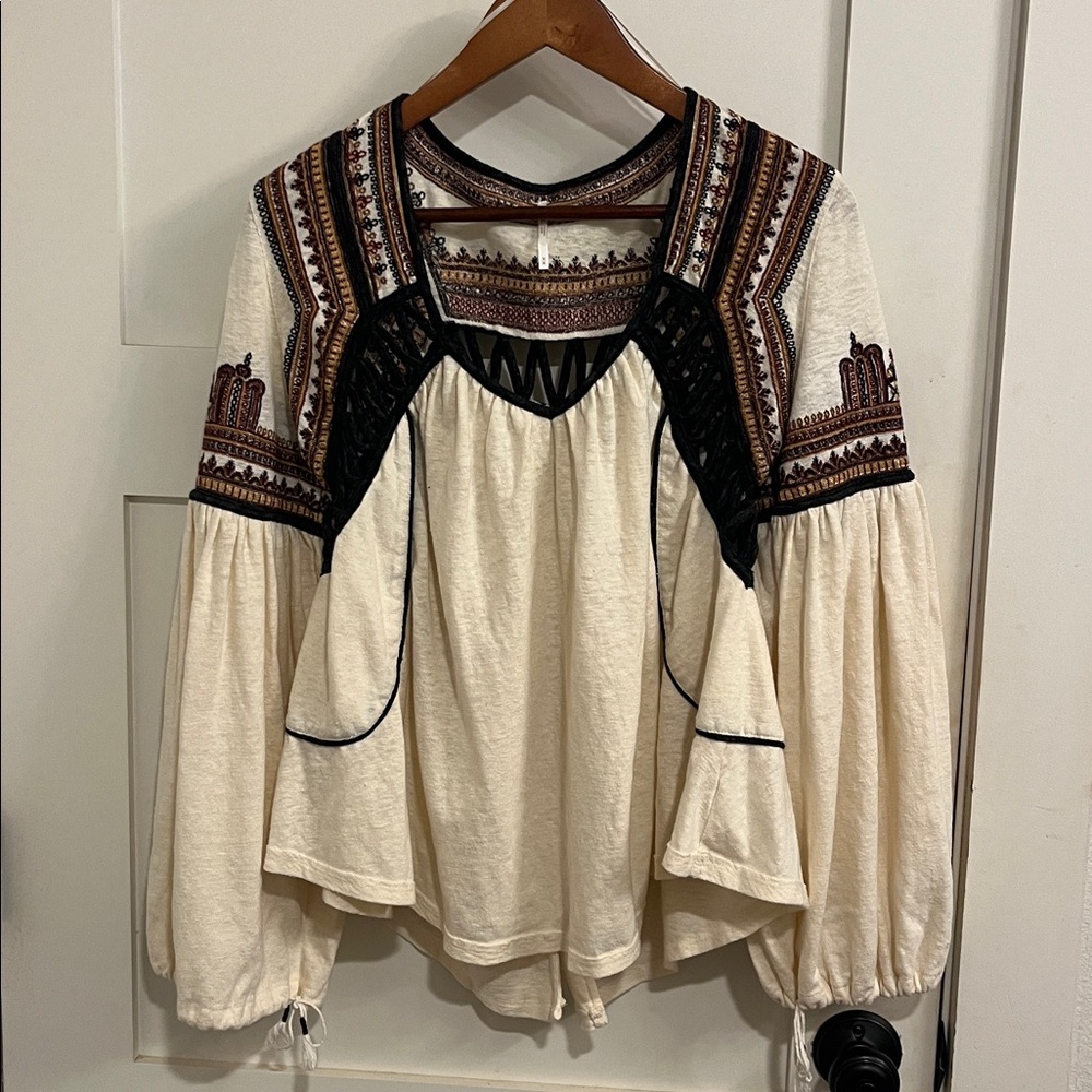 Free People Bohemian Embroidered Peasant Blouse